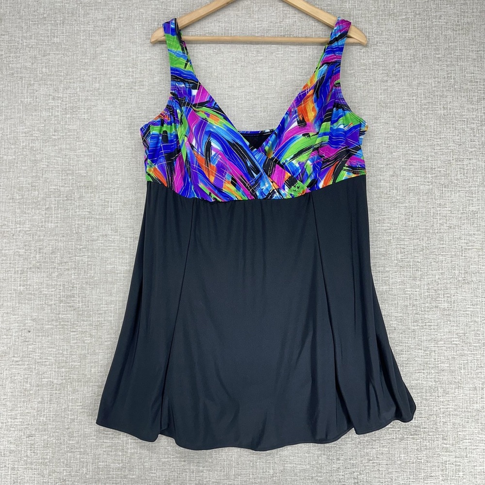Great Lengths Swimdress Womens 20 Black Multicolor One Piece Skirted Swimwear